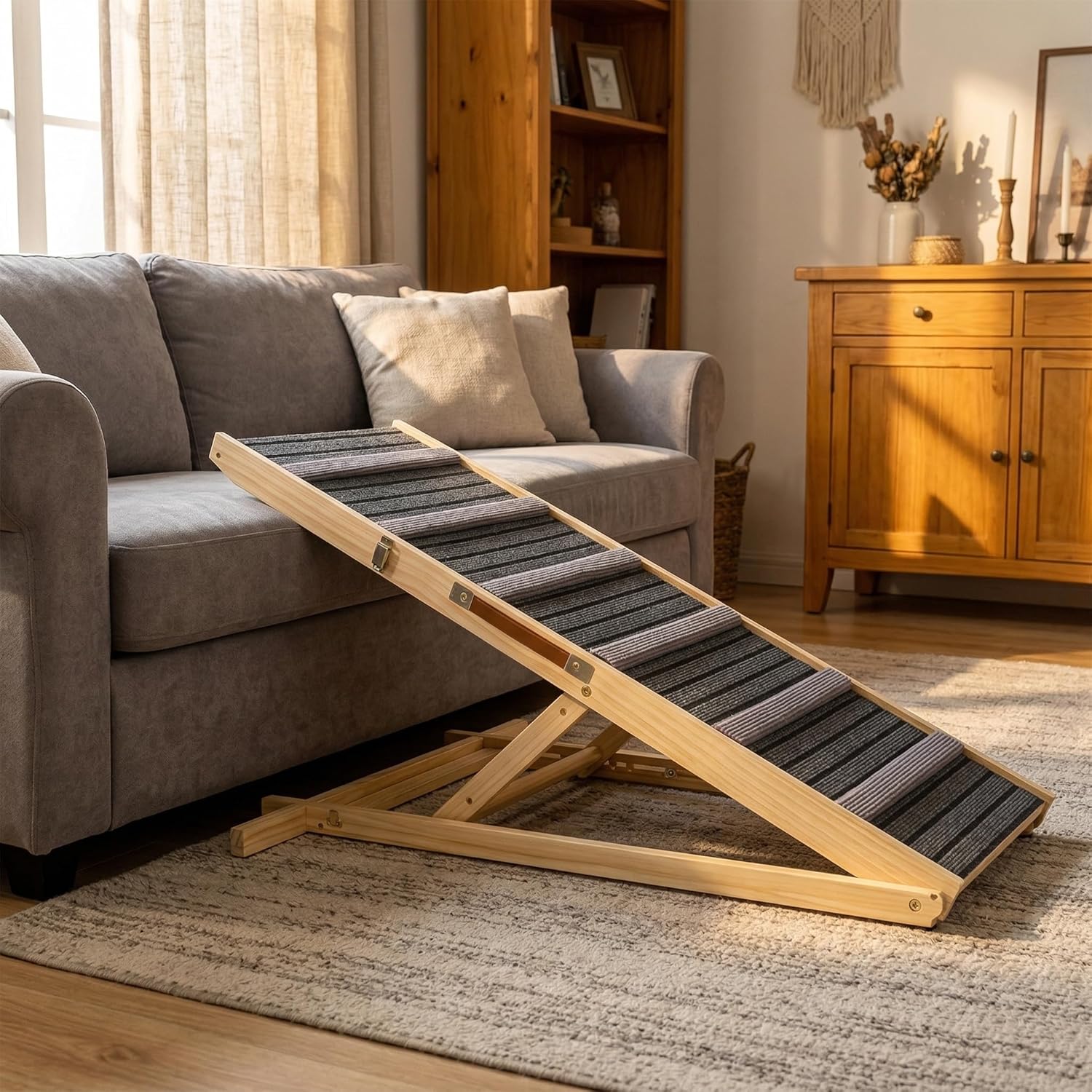 Dog Ramp for Couch and Bed, Portable Pet Ramp with 6 Adjustable Heights (14''-25''), Stable Pine Wood Pet Steps with Non-Slip Surface for Small Dogs and Cats