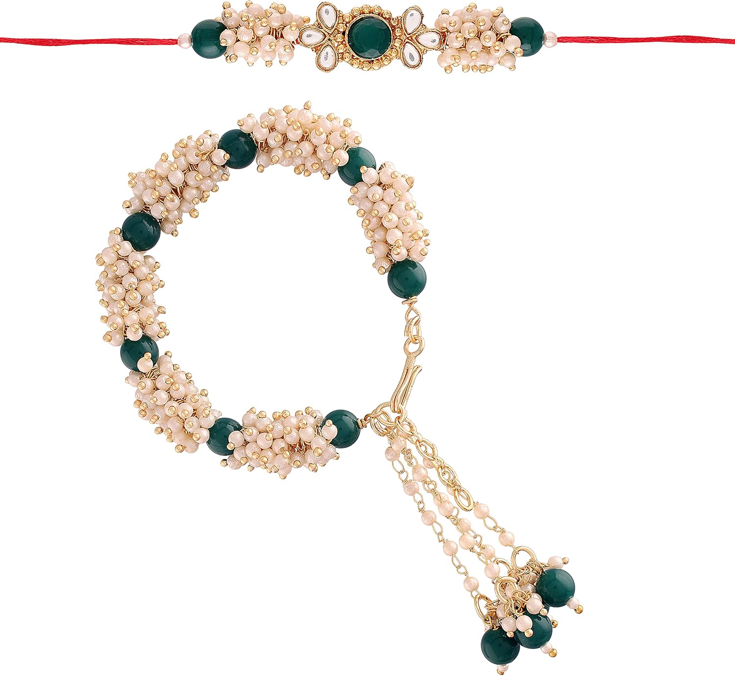 I Jewels Indian Festival Designer Bhaiya Bhabhi Hanging Lumba Rakhi Combo Set for Rakshabhandan Special (R011-23-CO)