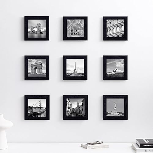 Miniatura 6 de eletecpro Juego de 9 marcos de fotos de 4 x 4 pulgadas, juego de 9 marcos de pared clásicos para galería, para fotos de 4 x 4 sin paspartú, marcos