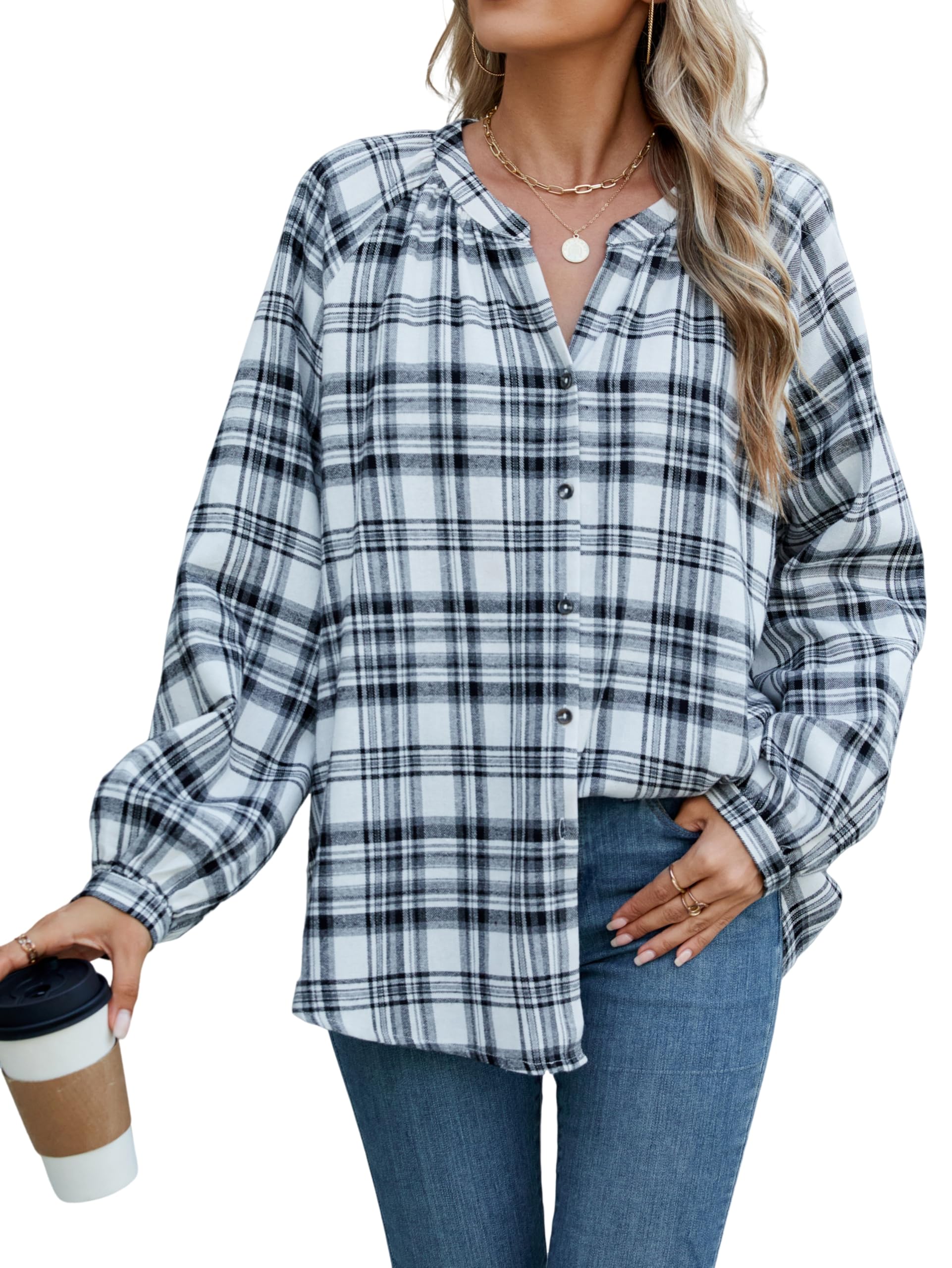 INFITTY Women's Flannel Shirts Cotton Henley V Neck Button Down Blouse Long Sleeve Tops Dressy Plaid Shackets