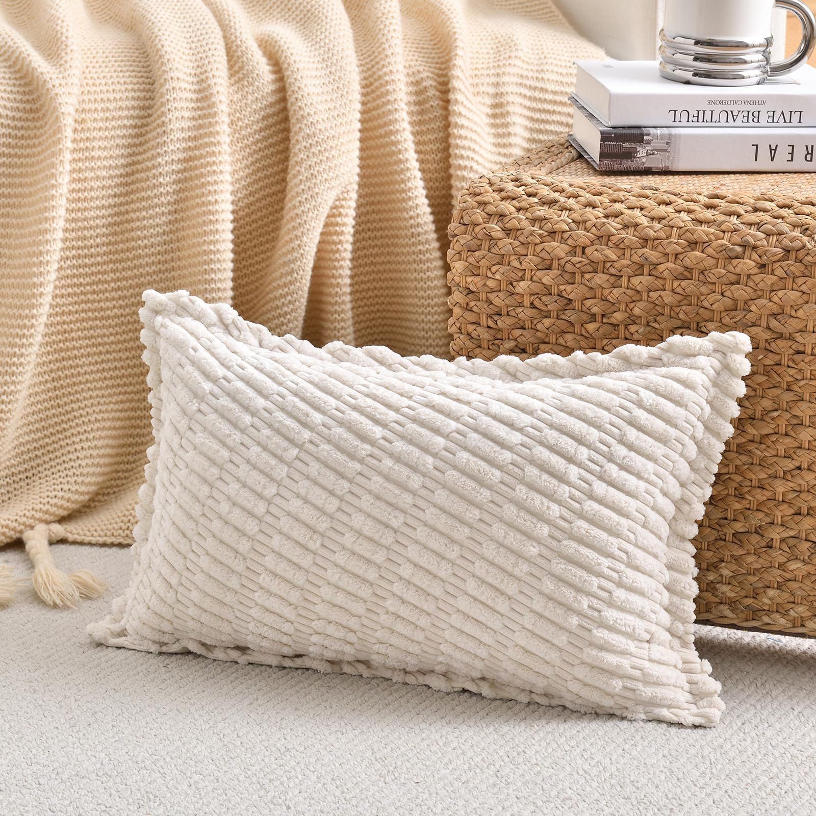 LRartdeco Cushion Covers Decorative Pillows Set of 2 Corduroy Cream White Cushion Covers Soft Square Pillow Cases throw Pillow Covers for Sofa Bedroom with Invisible Zipper - Image 3