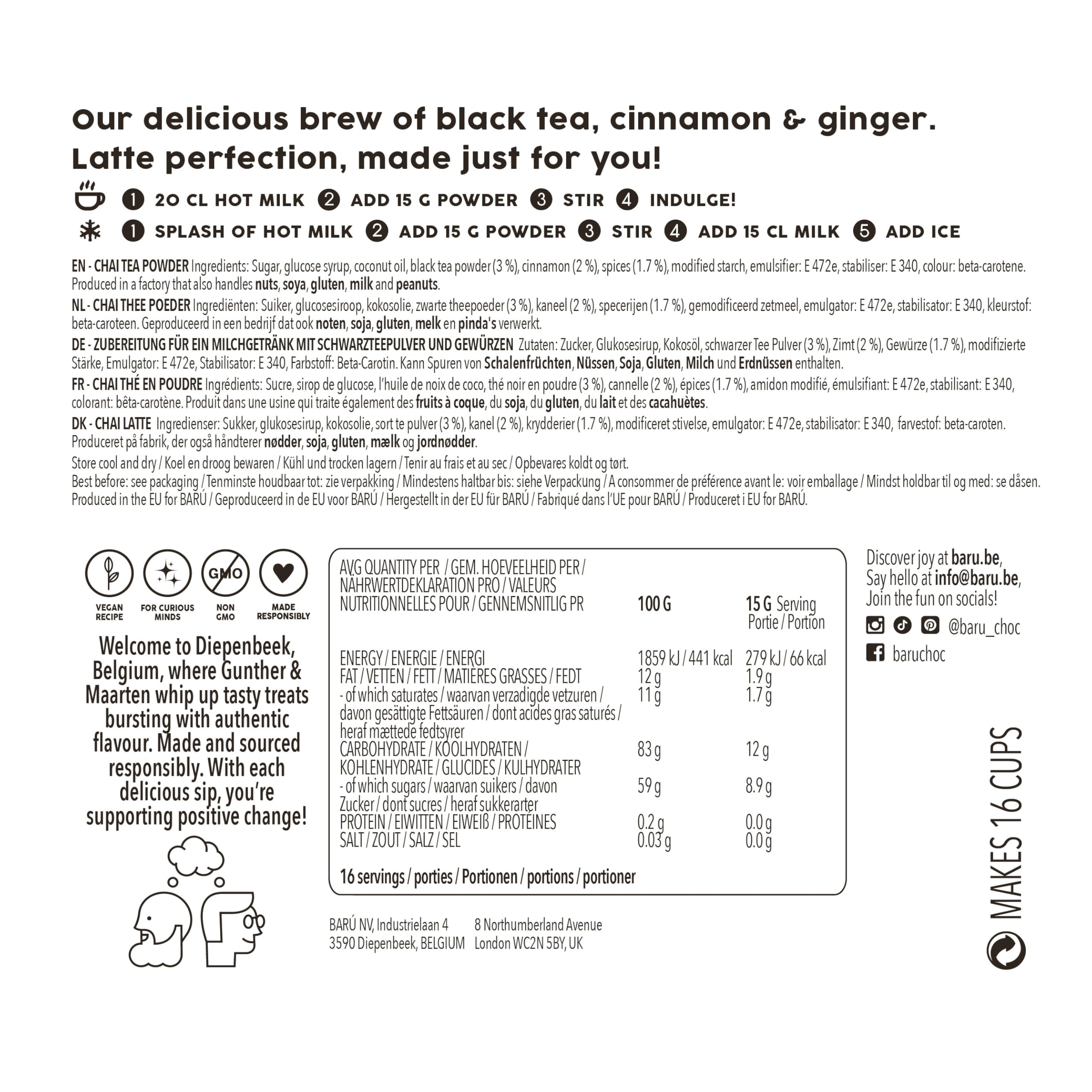 BARÚ Chai Latte Épicé – Thé instantané en poudre – 4 x 250 g – 64 portions