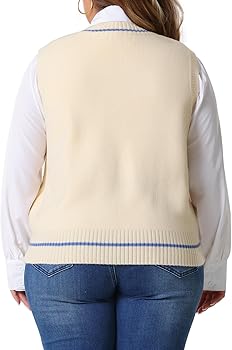 Agnes Orinda Plus Size Sweater Vest for Women V Neck Stripe Cable