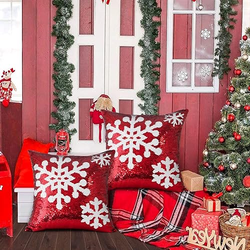 Miniatura 2 de OTOSTAR Juego de 2 fundas de almohada de lentejuelas navideñas de 18 x 18 pulgadas, diseño de copo de nieve de invierno, decoración de lentejuelas