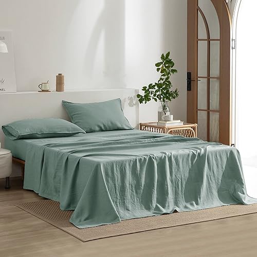 Miniatura 2 de EVERLY Sábanas de lino tamaño California King, 100% lino francés lavado a la piedra, sábanas de bolsillo profundo, 3 piezas (1 sábana encimera, 1