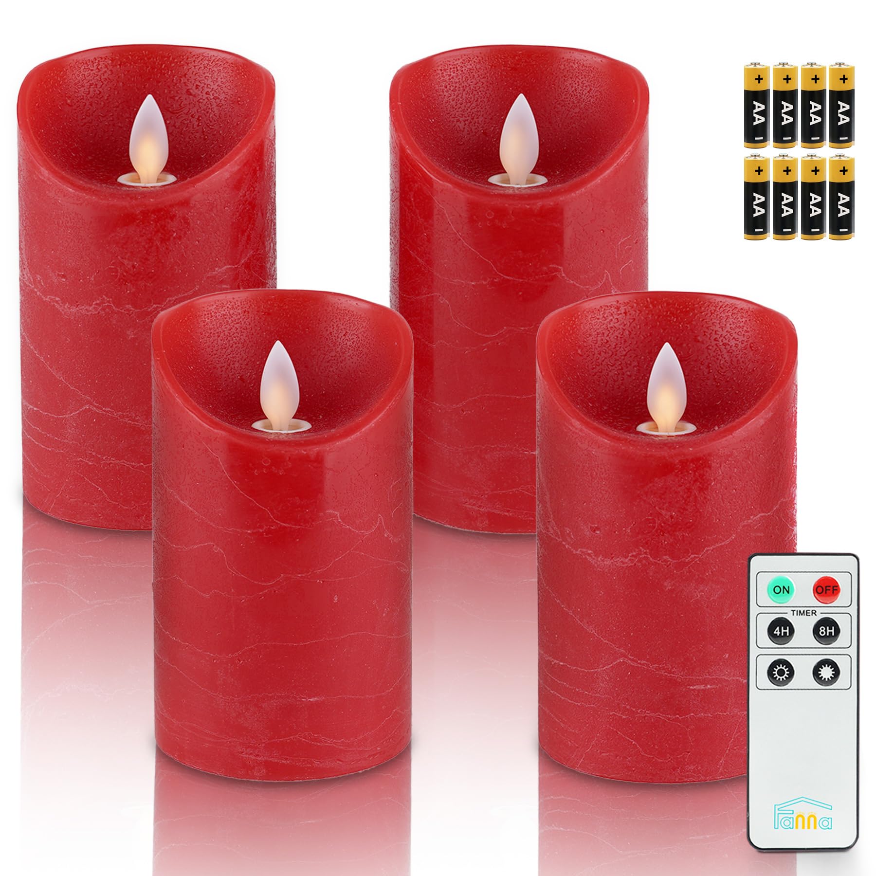 Fanna 4 Real Wax Red Flickering Flameless LED Candles with Moving Flames for Christmas and Advent, Battery Operated Candles Rustic Design with Timer and Remote Control, Batteries Included - H 12.5cm
