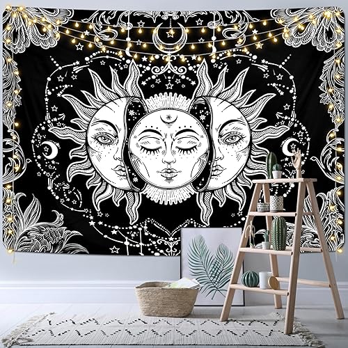 Miniatura 4 de Uspring Tapiz de sol y luna, tapiz de pared con sol ardiente, tapices blancos y negros, tapiz de luna y estrellas, tapiz hippie con mandala para