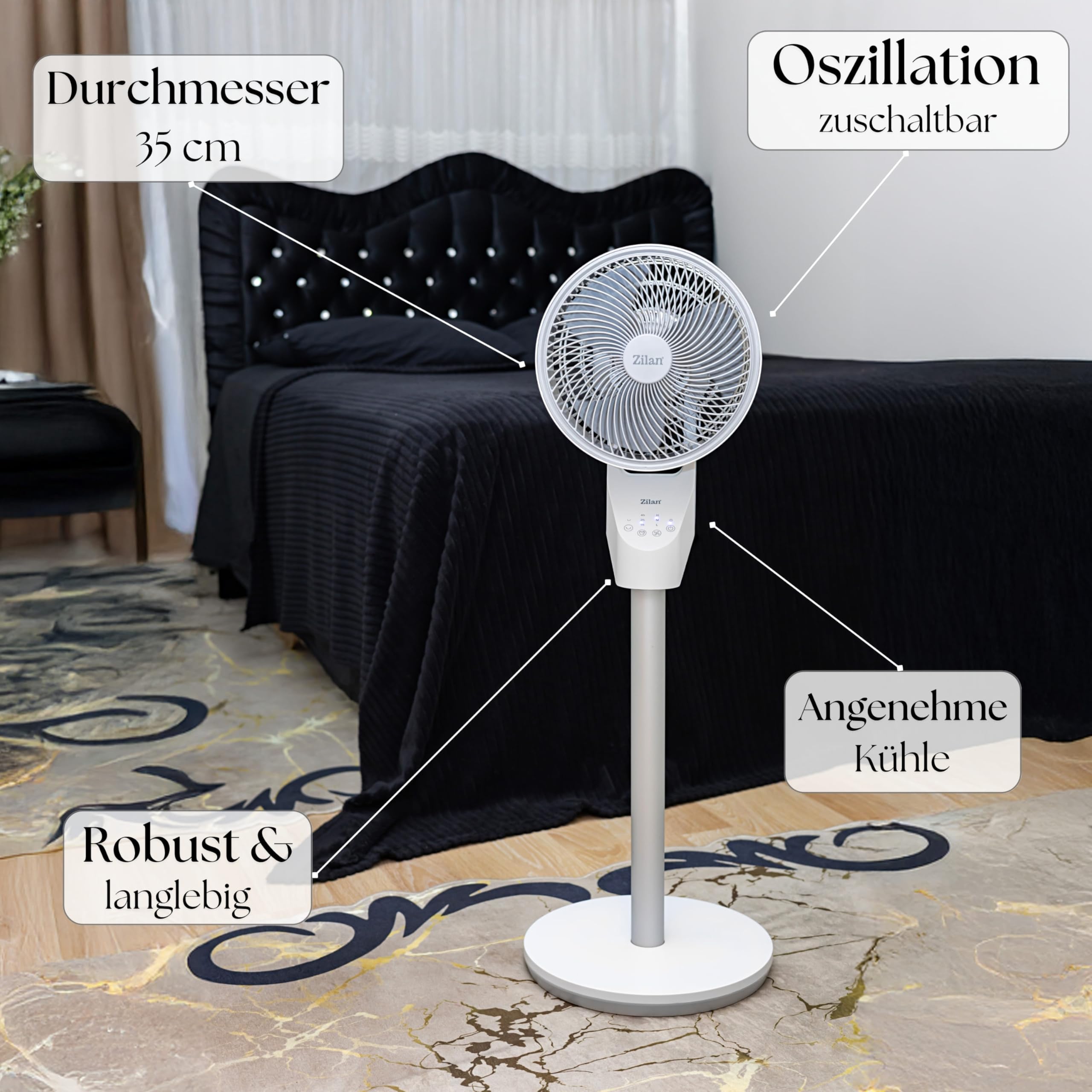 Zilan Standventilator leise mit Fernbedienung kraftvoller Ventilator mit Timer 60W energiesparend 3 Stufen hoher Luftdurchsatz oszillierend Bodenventilator Aircooler Standlüfter (Weiß mit FB)