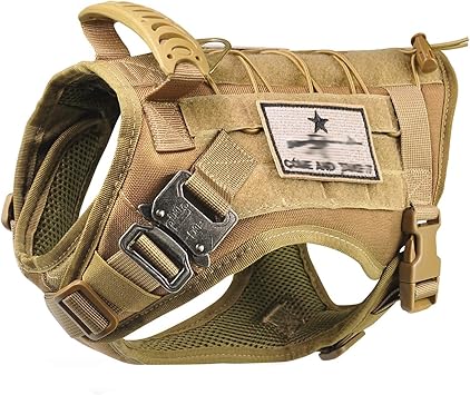 Tactical Service Dog Vest Harness K9 Military Molle Dog Vest for Outdoor Training Pet Harness with Rubber Handle & Metal Buckle (XL=(Neck 21.5 -24.5 )(Chest 28.4 -30 ), Kha...