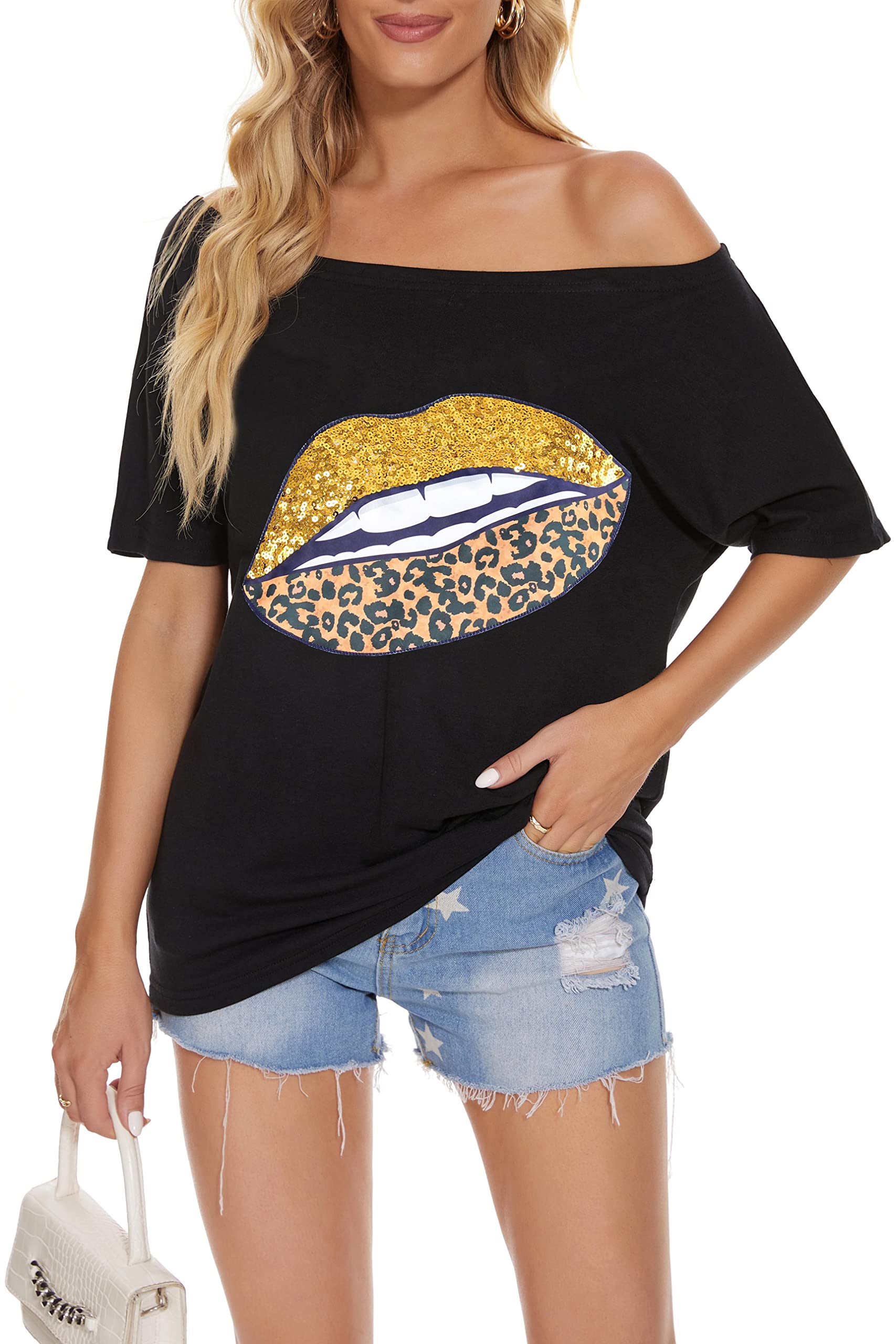 PESION Womens Short Sleeve T-Shirt Sequined Tops O-Neck Funny Graphic Tees Blouse