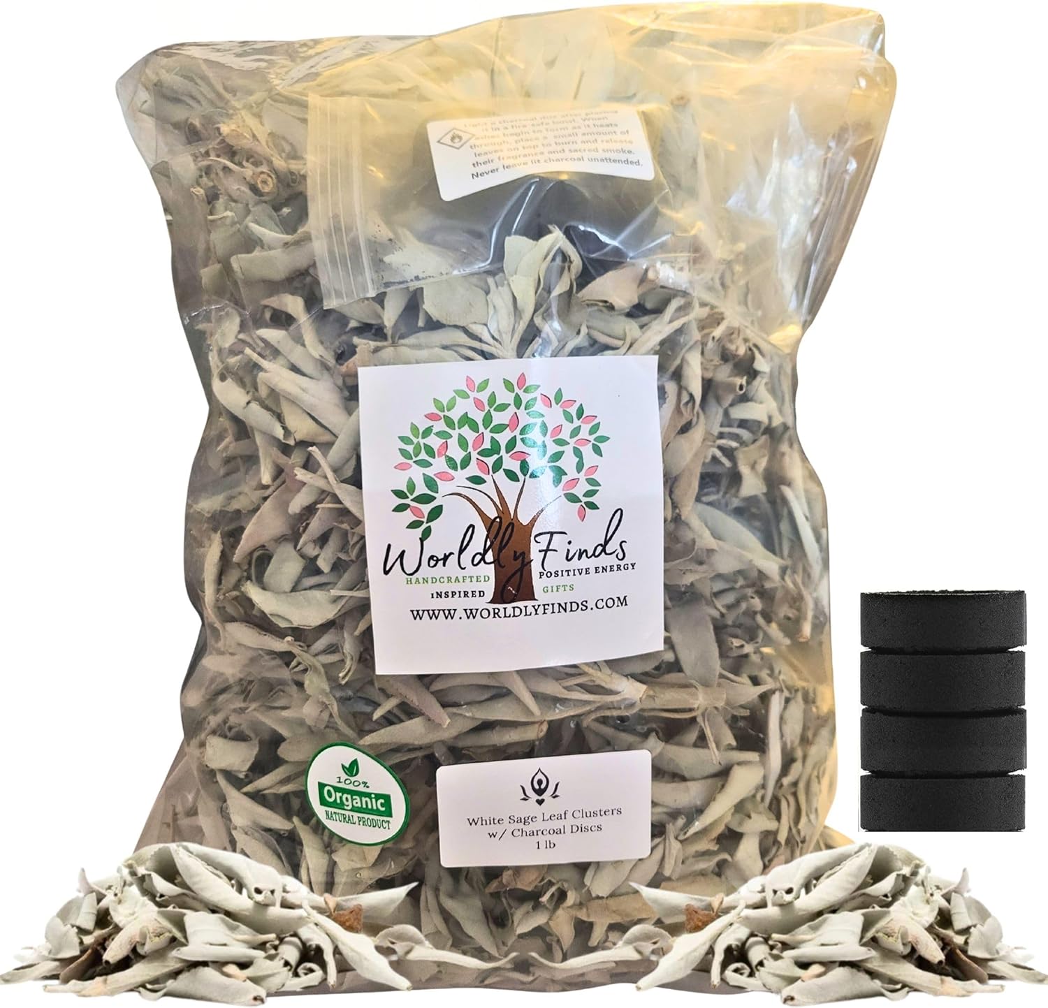 White Sage Clusters Loose Leaves with Charcoal Discs for Easy Burning, Smudging, Energy Cleansing, 100% Pure Organic & Sustainable (1 Lb, White Sage Leaves)