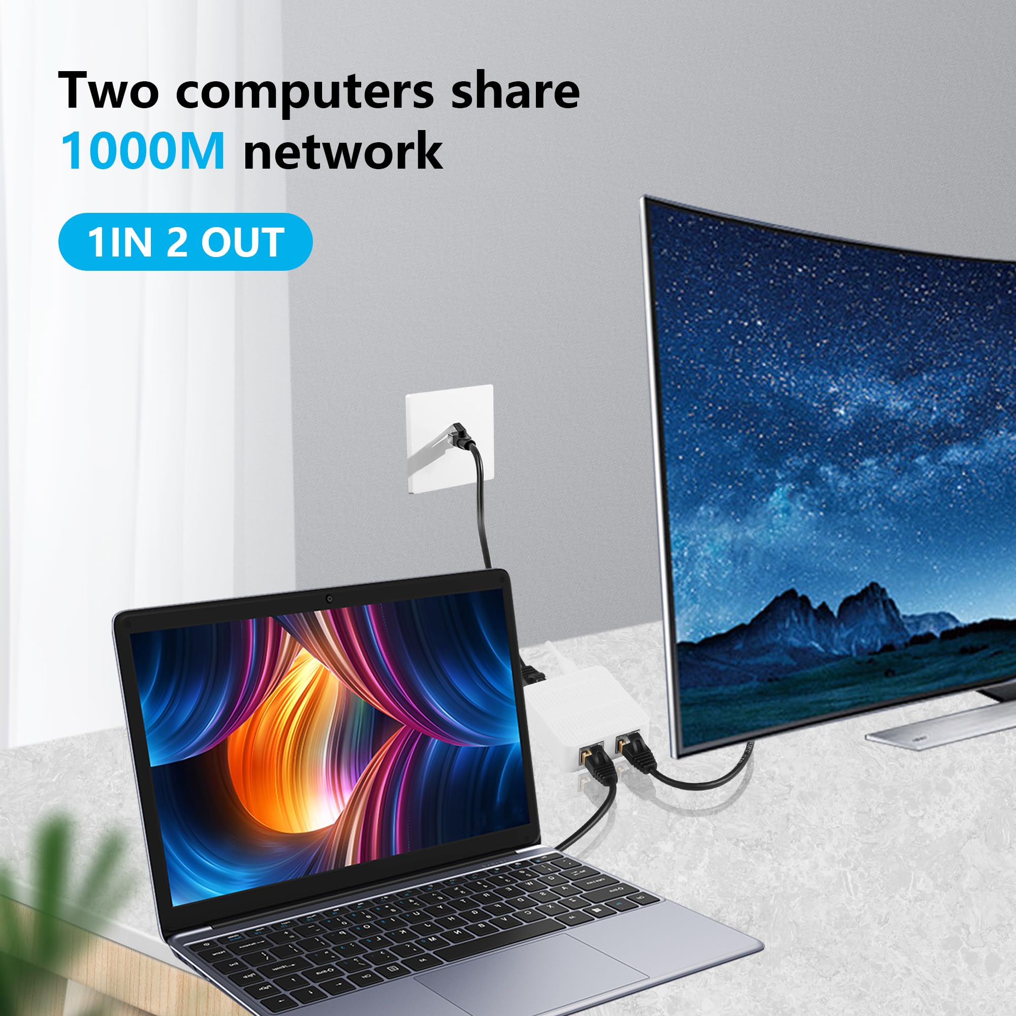 CERRXIANR RJ45 Ethernet Splitter Adapter Gigabit, RJ45 Network Splitter 1 to 2, Cat5, Cat6, Cat7 RJ45 Network Extension Connector, 2 Ports Devices Share The Internet at The Same Time