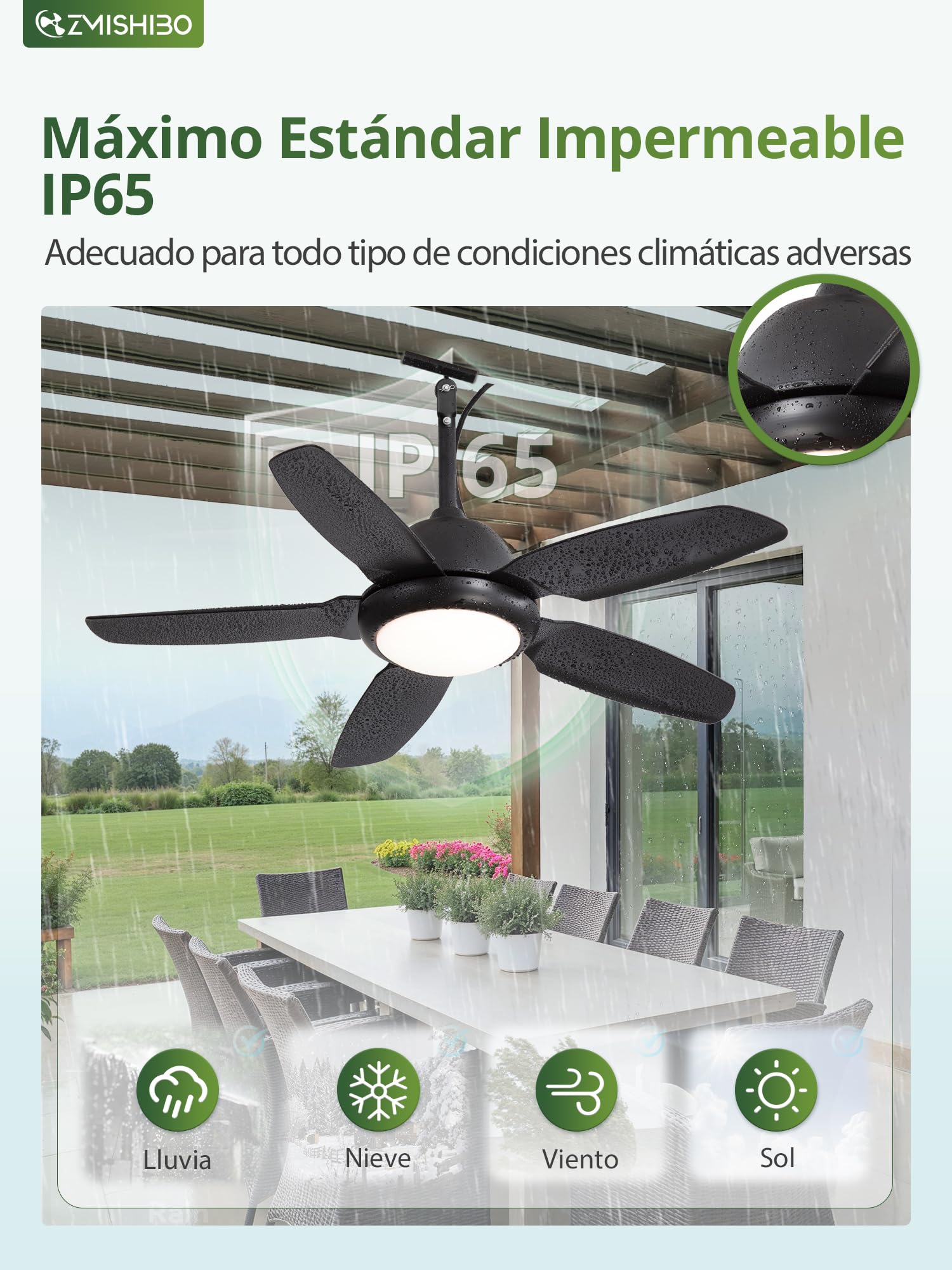ZMISHIBO Ventilador de Techo Impermeable 107 cm con Luz LED, IP65, Motor DC Silencioso 6 Velocidades 3CCT, Ventilador Colgante para Exterior con Mando a Distancia, Negro