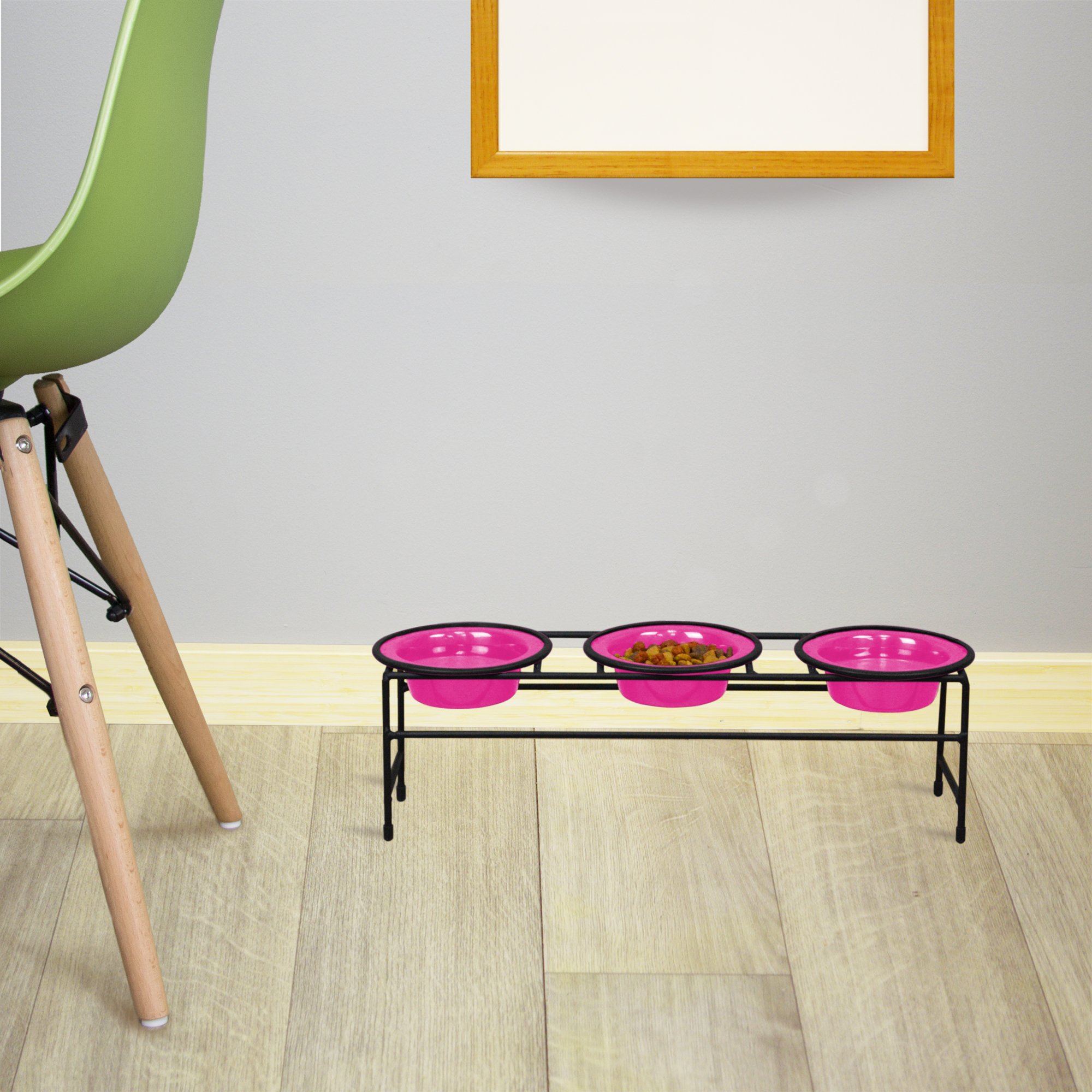 Platinum Pets Modern Triple Diner Feeder with Stainless Steel Dog Bowls, Small, Bubblegum Pink