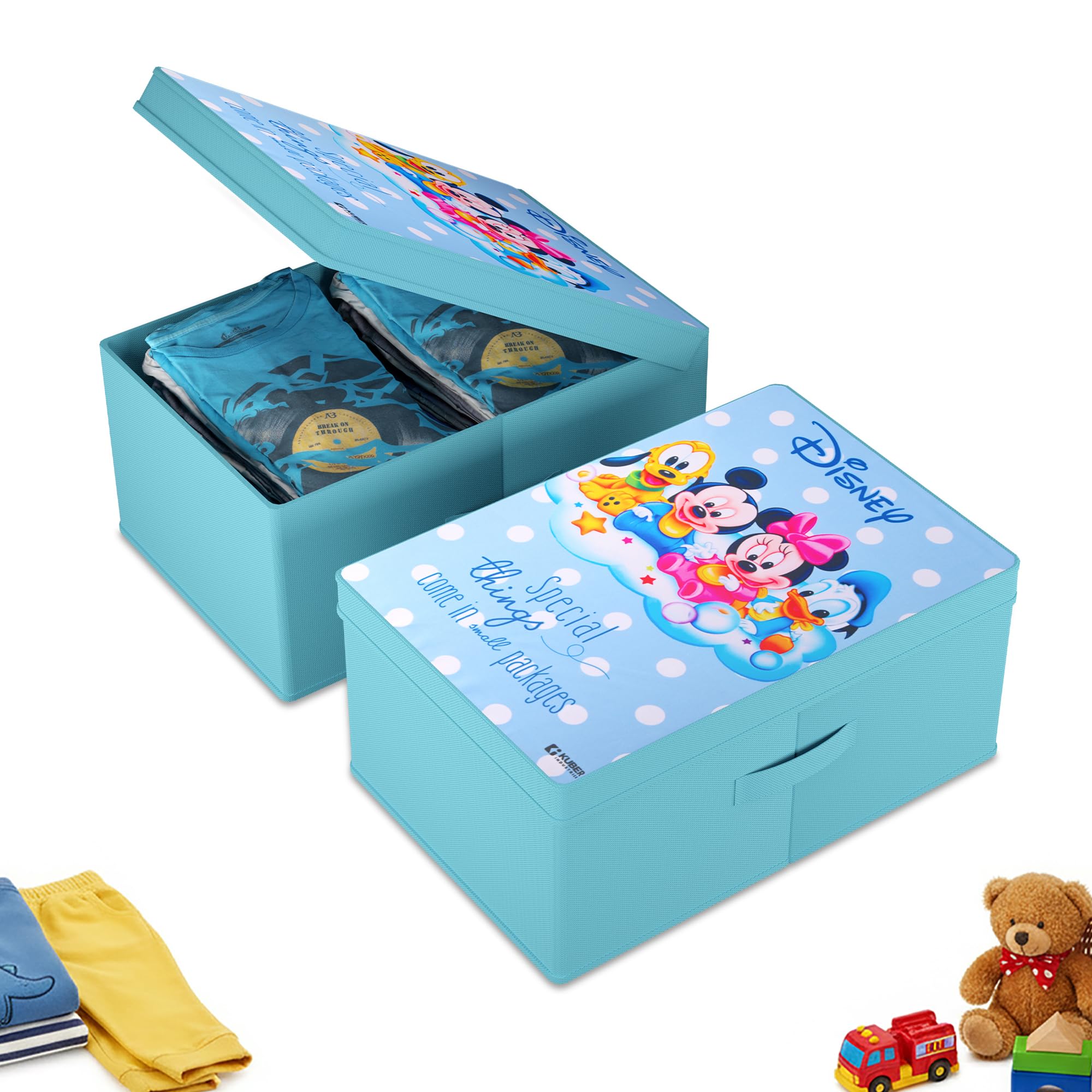 Kuber Industries 2 Pcs Wardrobe Organizer with Lid | Drawer Organizer | Multipurpose Organisers Storage Box for Clothes, Books and Toys | Disney Team - Sky Blue