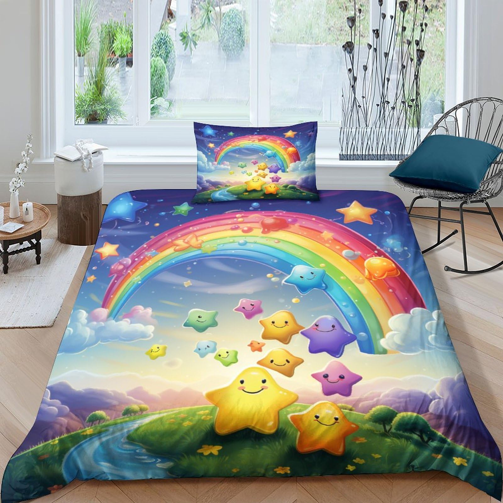 Funda nórdica infantil de microfibra de 135x200 cm con diseño de arcoíris y cremallera