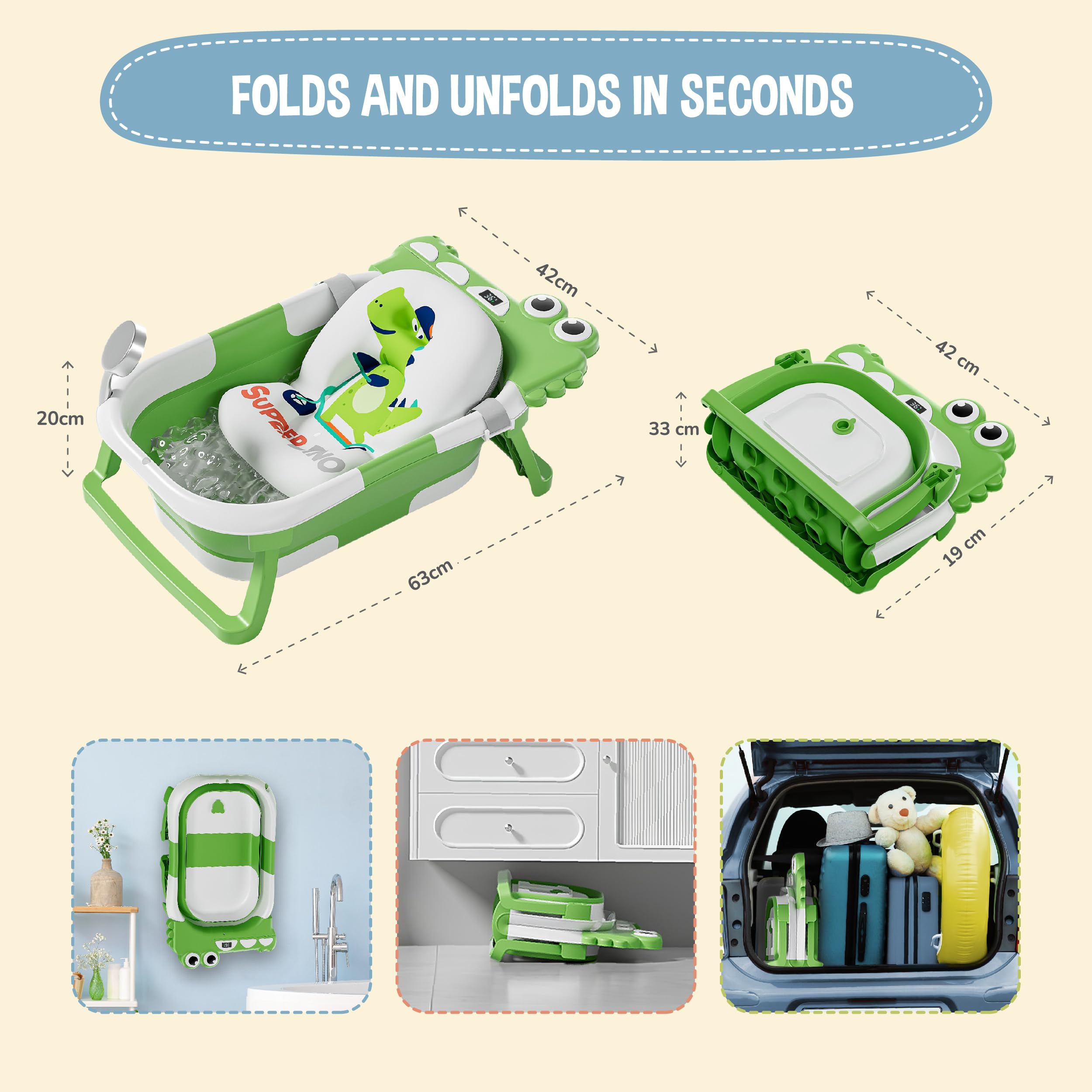 Vasca da bagno pieghevole con cuscino da bagno e termometro incorporato, vasca da bagno per bambini con supporto vasca da bagno in omaggio, ideale per regalo di nascita, ragazza o ragazzo, dalla