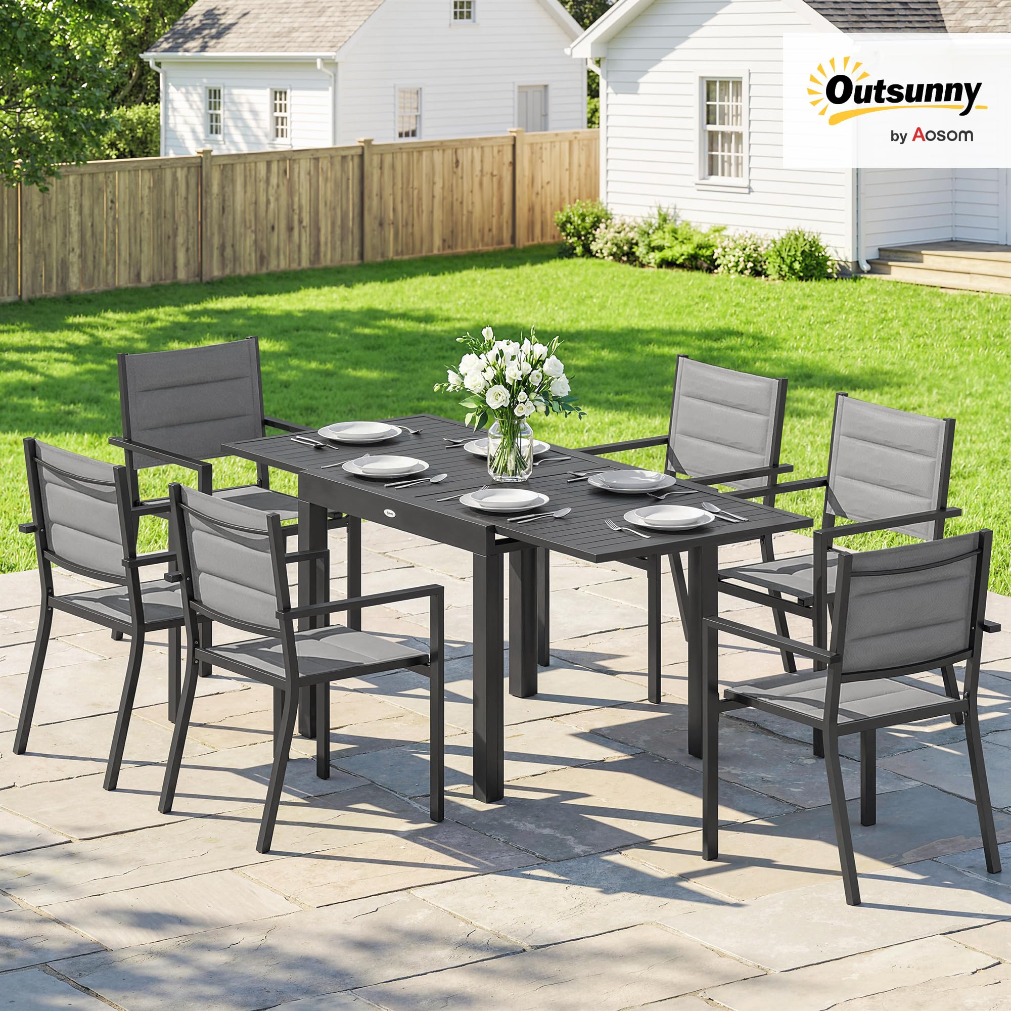 Outsunny Salon de Jardin 7 Pièces Table Extensible Aluminium - Ensemble Mobilier de Jardin avec 6 Chaises Empilables Textilène Rembourré - Meuble pour Terrasse Extérieur et Repas de Famille, Gris
