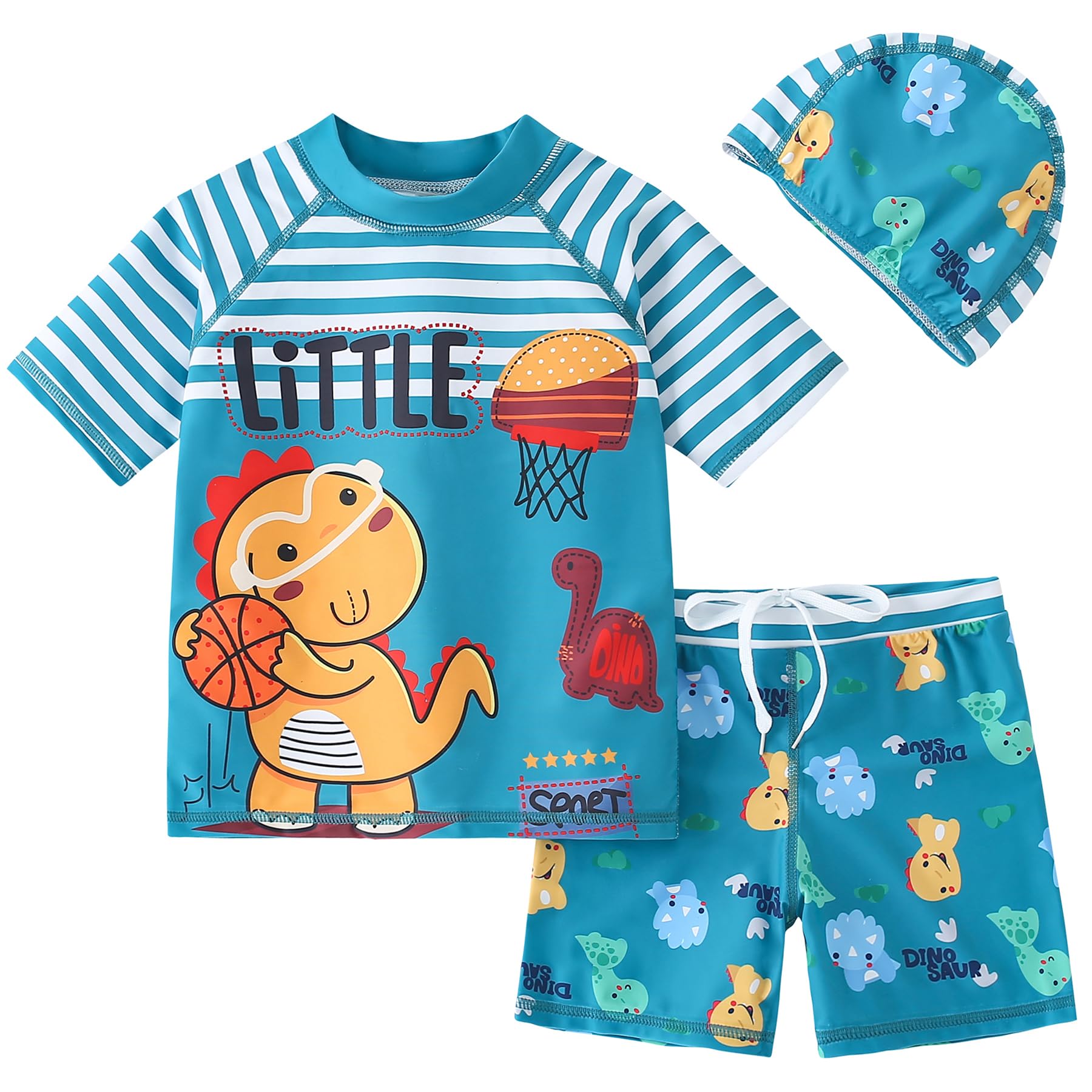 AIWUHE Toddler Boys Swimsuit Set Rash Guard Boys' Swimwear Two Piece Bathing Suit and Swim Trunk with Hat UPF 50+ 3-8Y