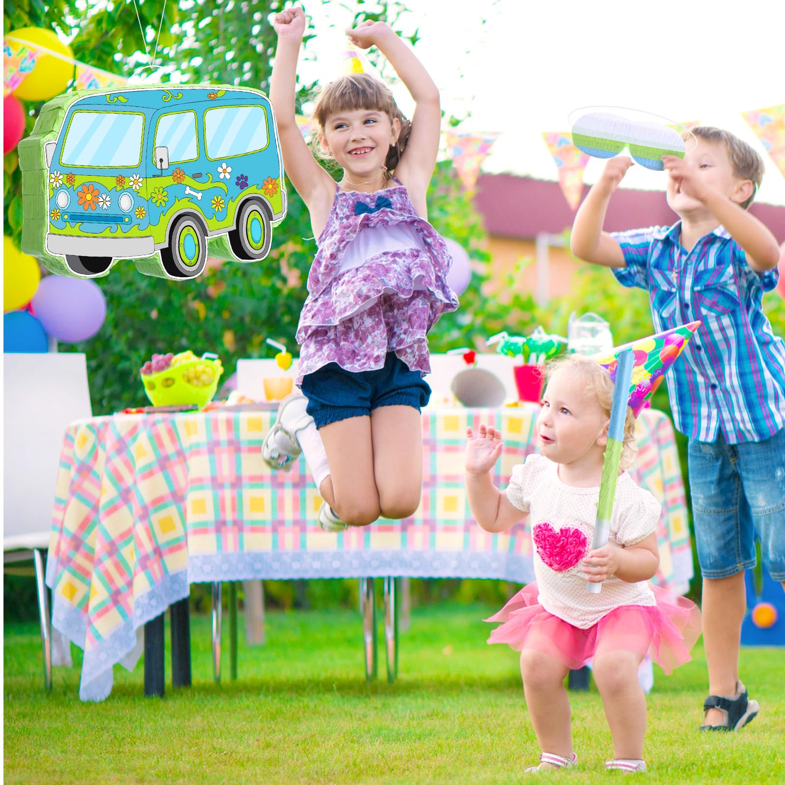 Threan Decoración de fiesta temática de perro, piñata de coche de dibujos animados, hippie, Groovy Daisy Piñata, juego con palo con los ojos vendados, para niños y niños, decoración de fiesta de