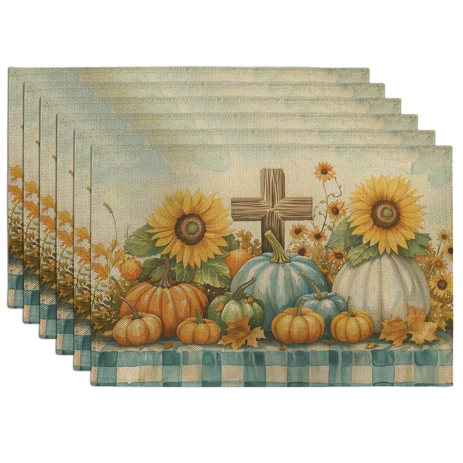 Autumn Harvest Sunflower Placemats, Yellow Rustic Farmhouse Table Mats for Thanksgiving, Non-Slip Washable Indoor Outdoor Decorative Placemat Set of 6