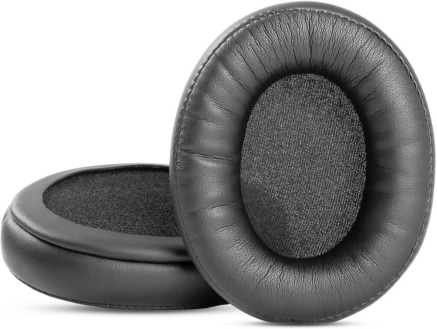 Pair of black replacement earpads with a textured inner mesh