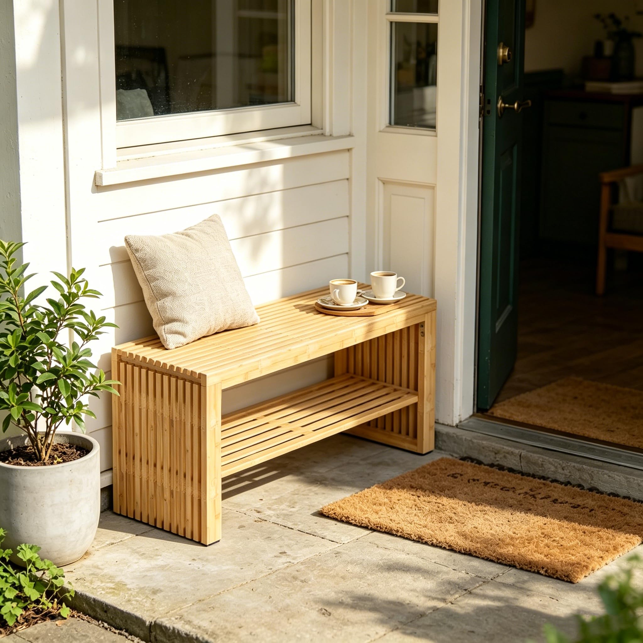 HEYZOEY Schuhbank aus Bambus mit Schuhablage, Sitzbank für Flur und Eingangsbereich, Schuhregal mit Sitzfläche, rutschfest & belastbar bis 250 kg, 90×33×43 cm,Schlafzimmer & Badezimmer((Bambus-Natur)