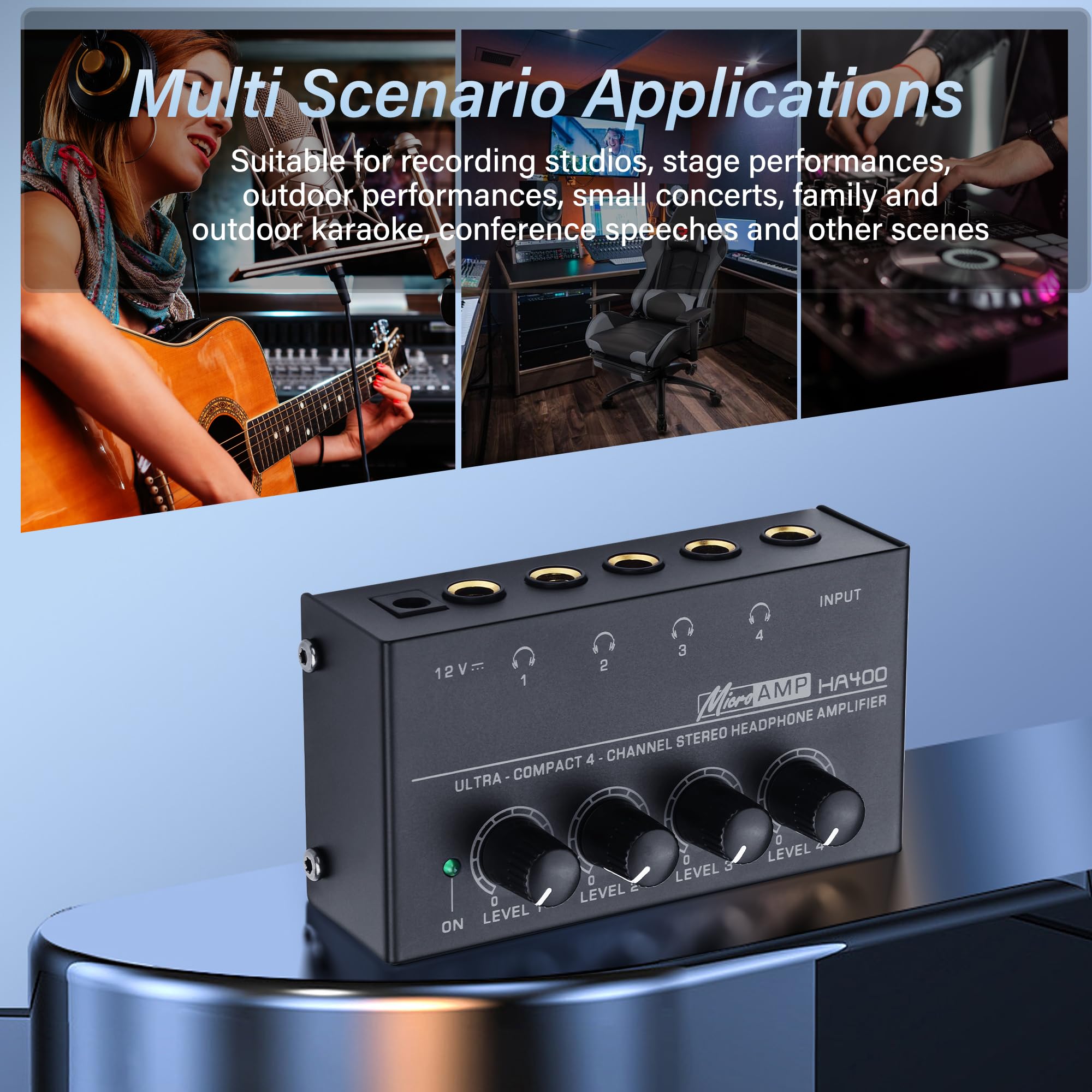 SinLoon HA400 4 canaux amplificateur de Casque stéréo, métal Mini Splitter Audio avec contrôle de Volume indépendant, 1/4 "Sortie et entrée TRS, avec Adaptateur 12V pour Studio, scène, PC, Guitare
