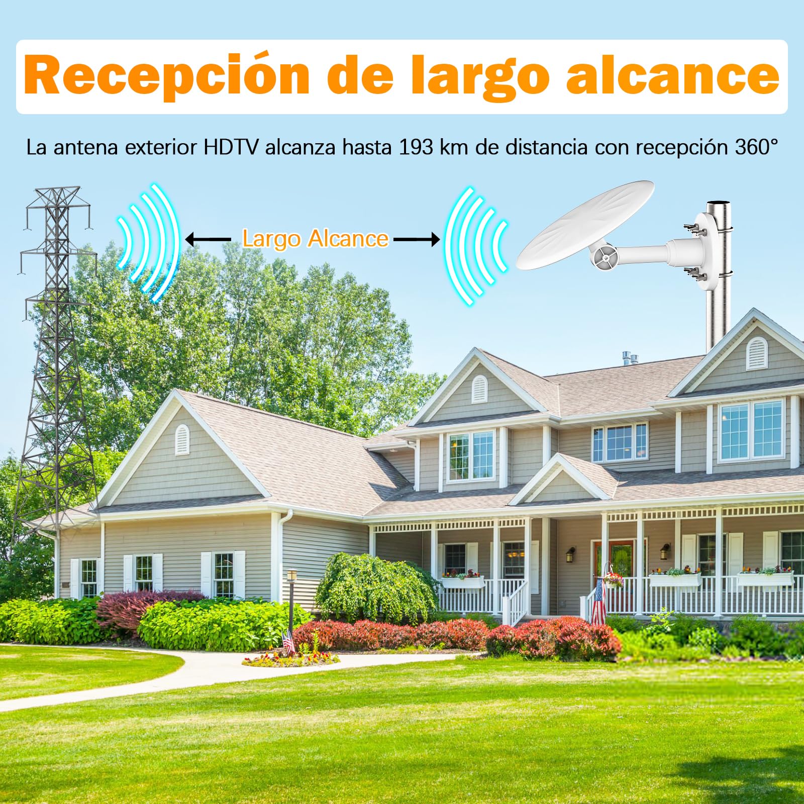 Antena TDT Exterior Blanca para Smart TV – Antena TV Digital HD 4K/1080P con Recepción UHF/VHF Estable de Largo Alcance, Compatible DVB-T2/DVB-T, Cable Coaxial 10 m, Resistente al Clima