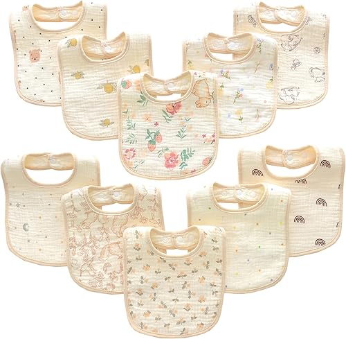 MUKIN Baberos de muselina para bebé, toallas de alimentación de algodón, cierre a presión ajustable, varios estampados, paquete de 10