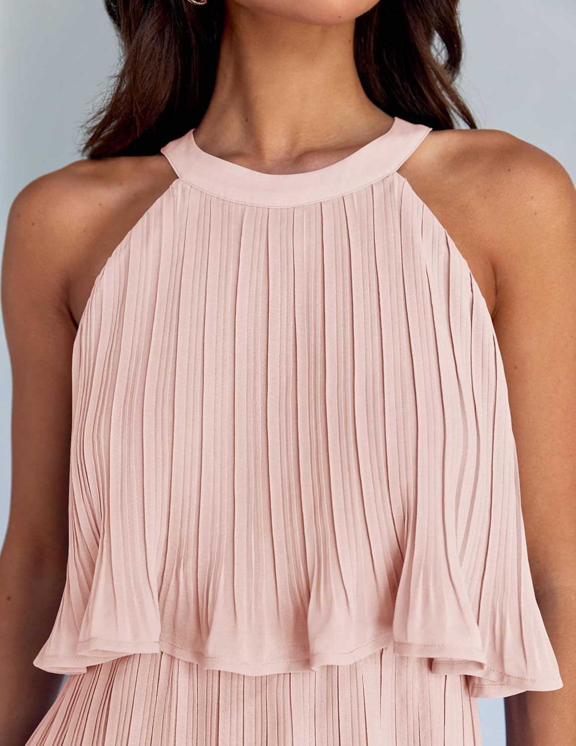 ZESICA Women's 2026 Summer Halter Dresses Sleeveless Ruffle Tiered Layered Chiffon Pleated A Line Swing Mini Dress - Image 6