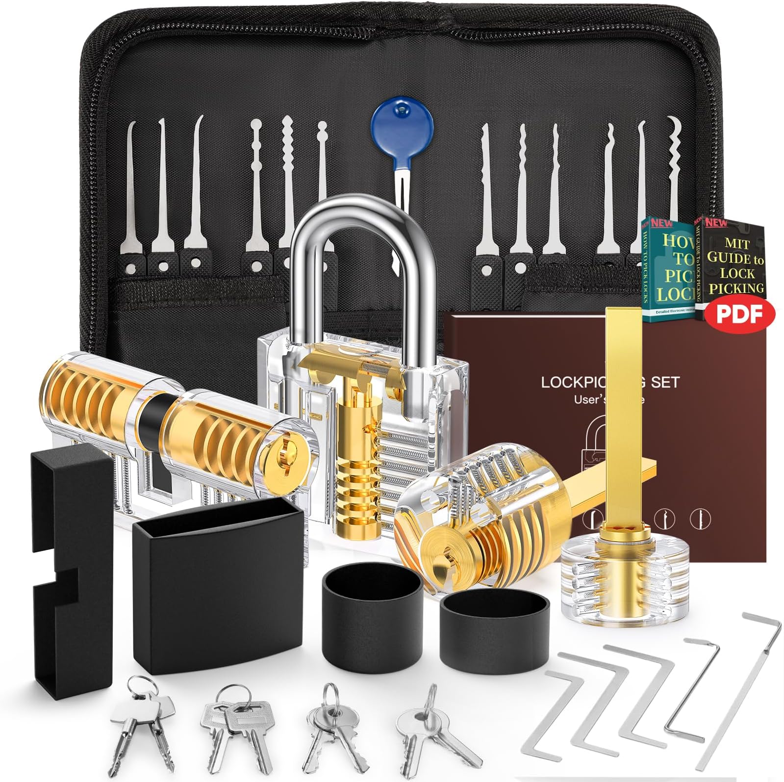 Lock Picking Set, 32-Piece Lock Pick Set with 4 Transparent Training Locks and Manual and Zip Case for Lockpicking, Extractor Tool for Beginner and Locksmith Training
