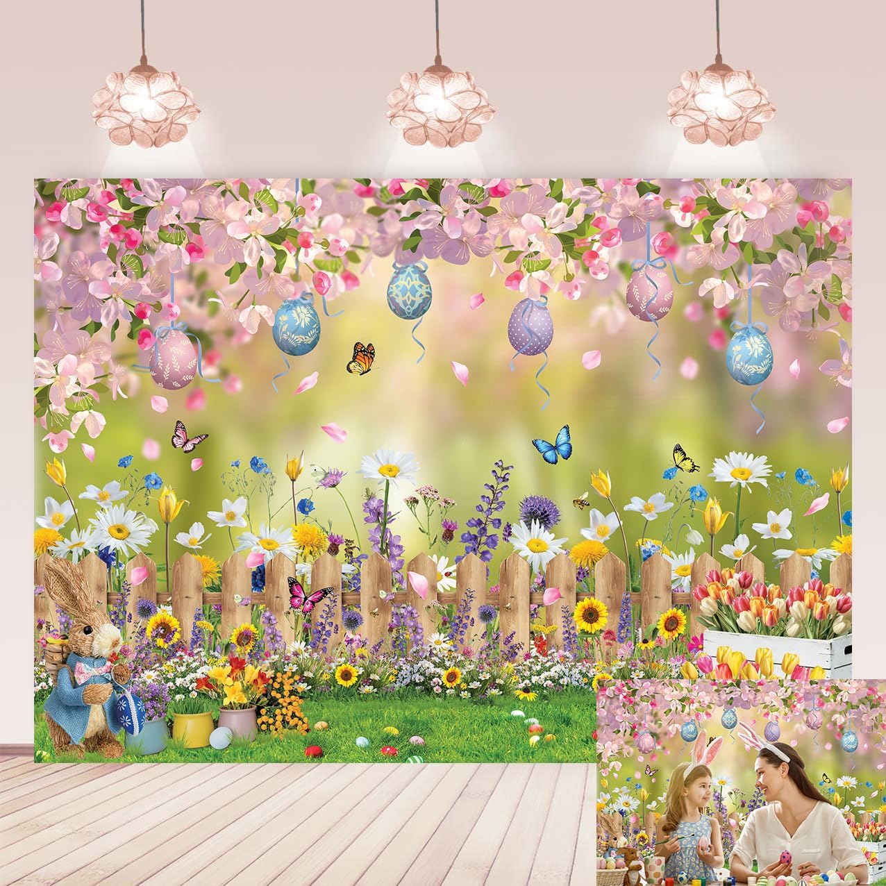 Spring Easter Backdrop Colorful Eggs Floral Fence Garden Background Spring Party Decoration Outdoor Easter Birthday Event Supplies Photo Booth Props 7x5FT