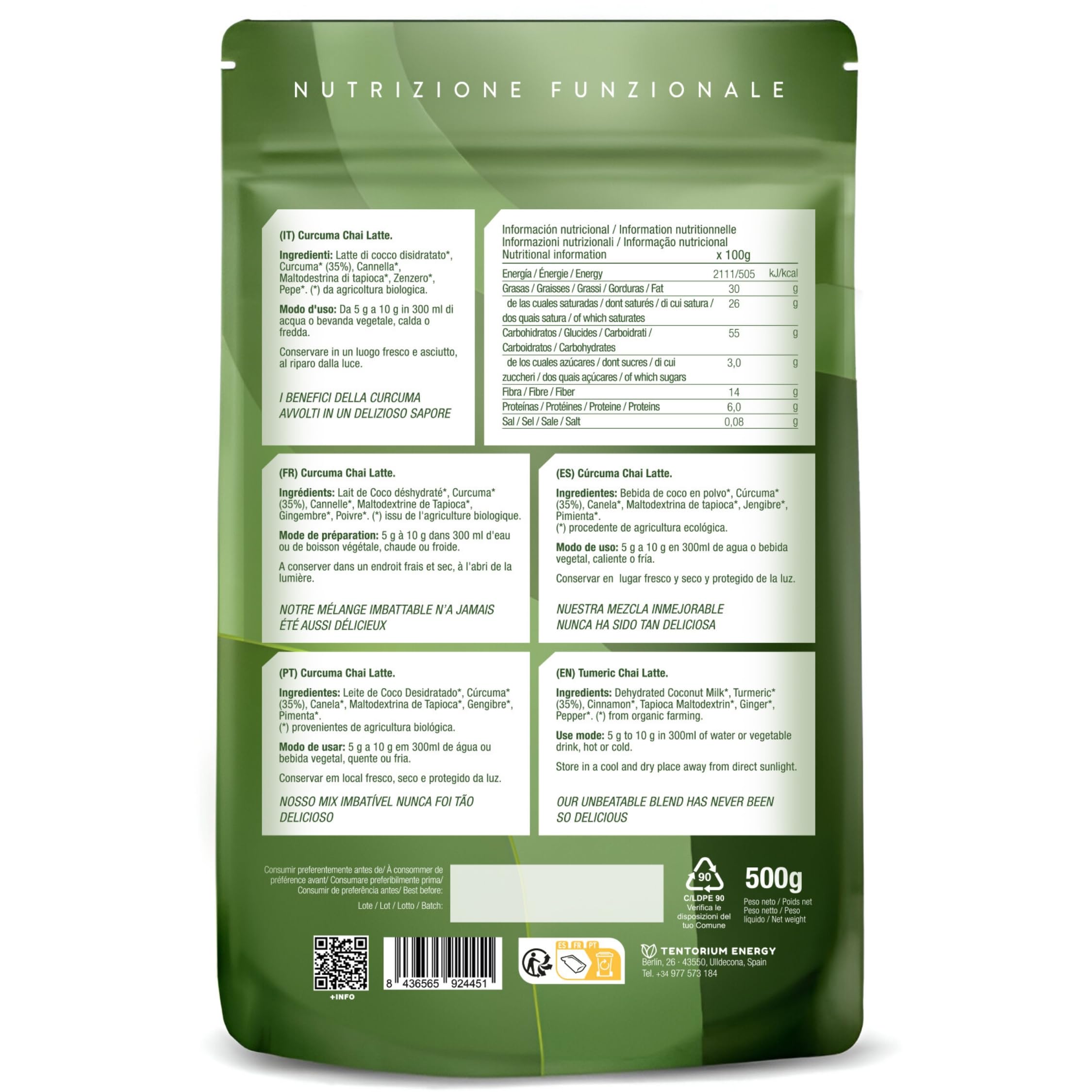 Energy Feelings Curcuma Chai Latte in Polvere BIO 500g,Golden Milk, Latte Dorato. Antiossidante e Antinfiammatorio Naturale. Curcuma con Zenzero Pepe Nero e Cannella, Senza Glutine, Vegano