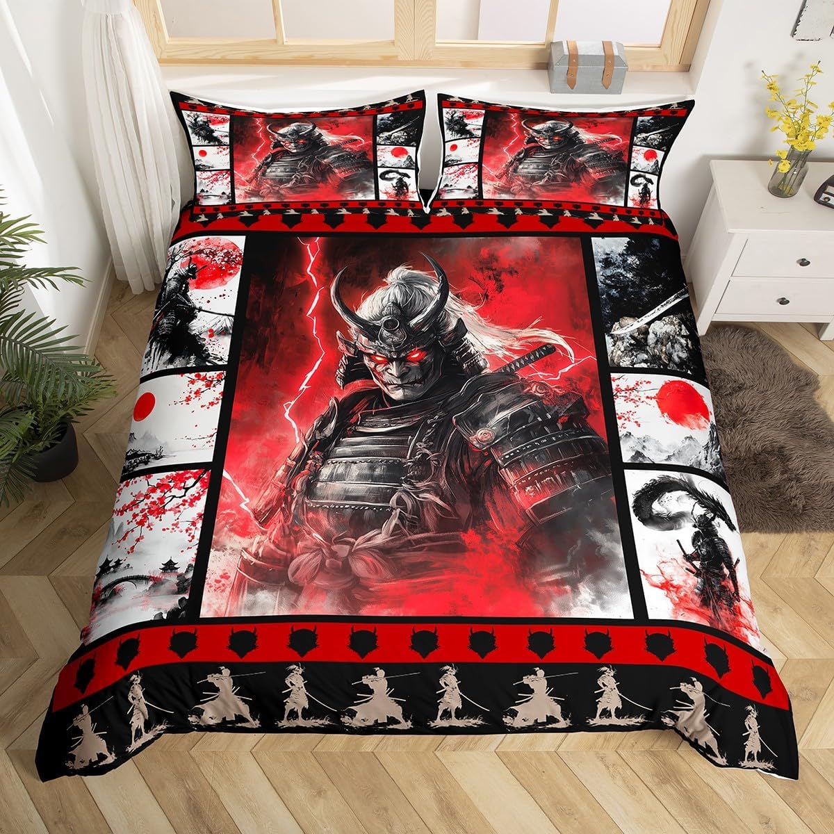 jejeloiu Japanese Style Duvet Cover Toddler Size Kids Red Cherry Blossoms Comforter Cover Set for Boys Girls Teens Man with Boat Bedding Set Breathable Ink Painting Bedspread Cover Quilt Cover