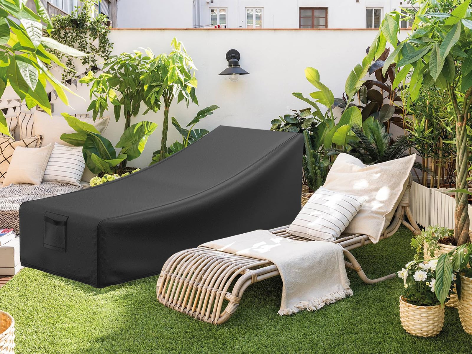 Housse Transat Jardin Exterieur, 600D Housse Transat Imperméable, Housse de Chaise Longue, Coupe-Vent, Anti-Pluie, Anti-Froid, Housse de Protection Bain de Soleil (210x80x45/75cm)
