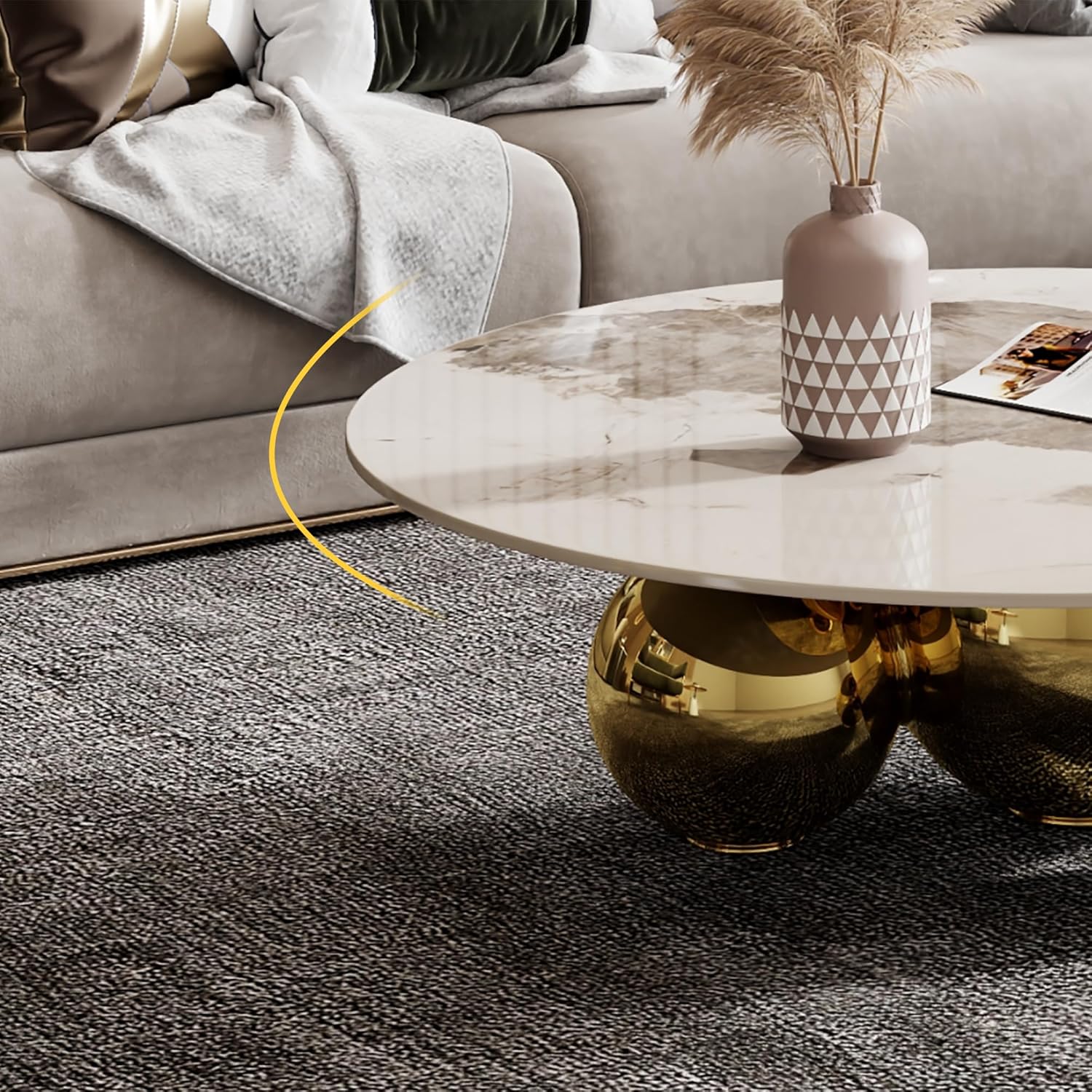 Modern Round Marble Coffee Table, 39.4 inch Marble-Look Top with Gold Ball Base, Center Table for Living Room, Office, Reception Room (White)