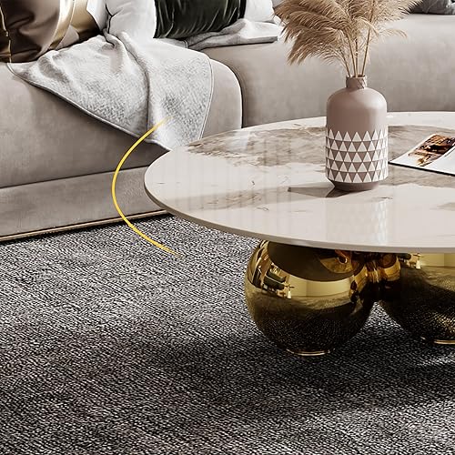 Vista 4 de Mesa de centro redonda moderna de mármol, parte superior de aspecto de mármol de 39.4 pulgadas con base de bola dorada, mesa central para sala