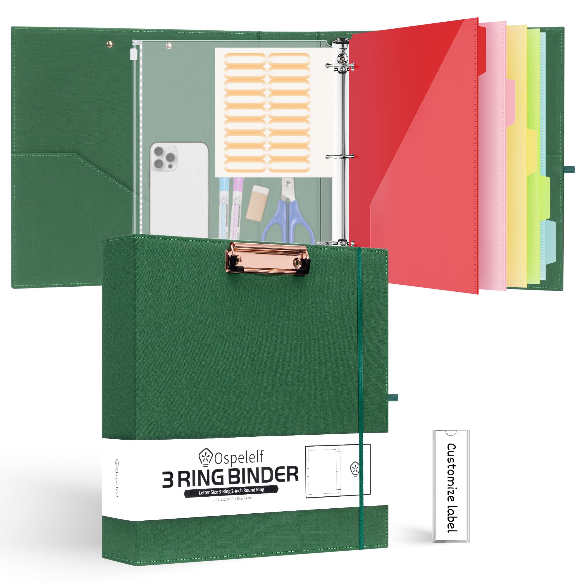 Ospelelf Organizer per raccoglitori a 3 anelli da 5 cm, con custodia con cerniera, portablocco in lino per lettere (27,9 x 21,6 cm), 5 cartelle in plastica con 10 tasche, raccoglitore scolastico con