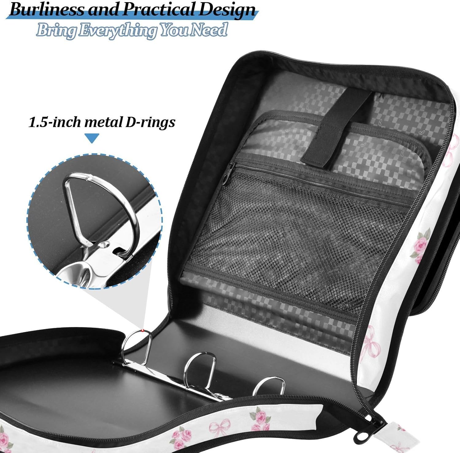 Pink Rose Ribbons Leaves Zipper Binder with Shoulder Strap Trapper Keeper 3 Ring Binder Organizer Large Capacity Multiple Compartments for School Office