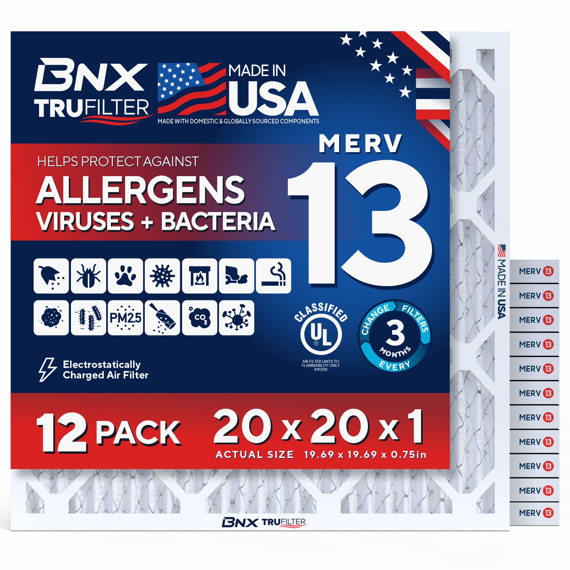 View 1 of ***Damaged***
BNX TruFilter 20x20x1 Air Filter MERV 13 AC Filter, HVAC Furnace Filter, 12 Pack (ACTUAL SIZE 19.69"x19.69"x0.75") Allergies, Dust, Pet Dander & Smoke - MADE IN USA - MPR1500 / FPR 10