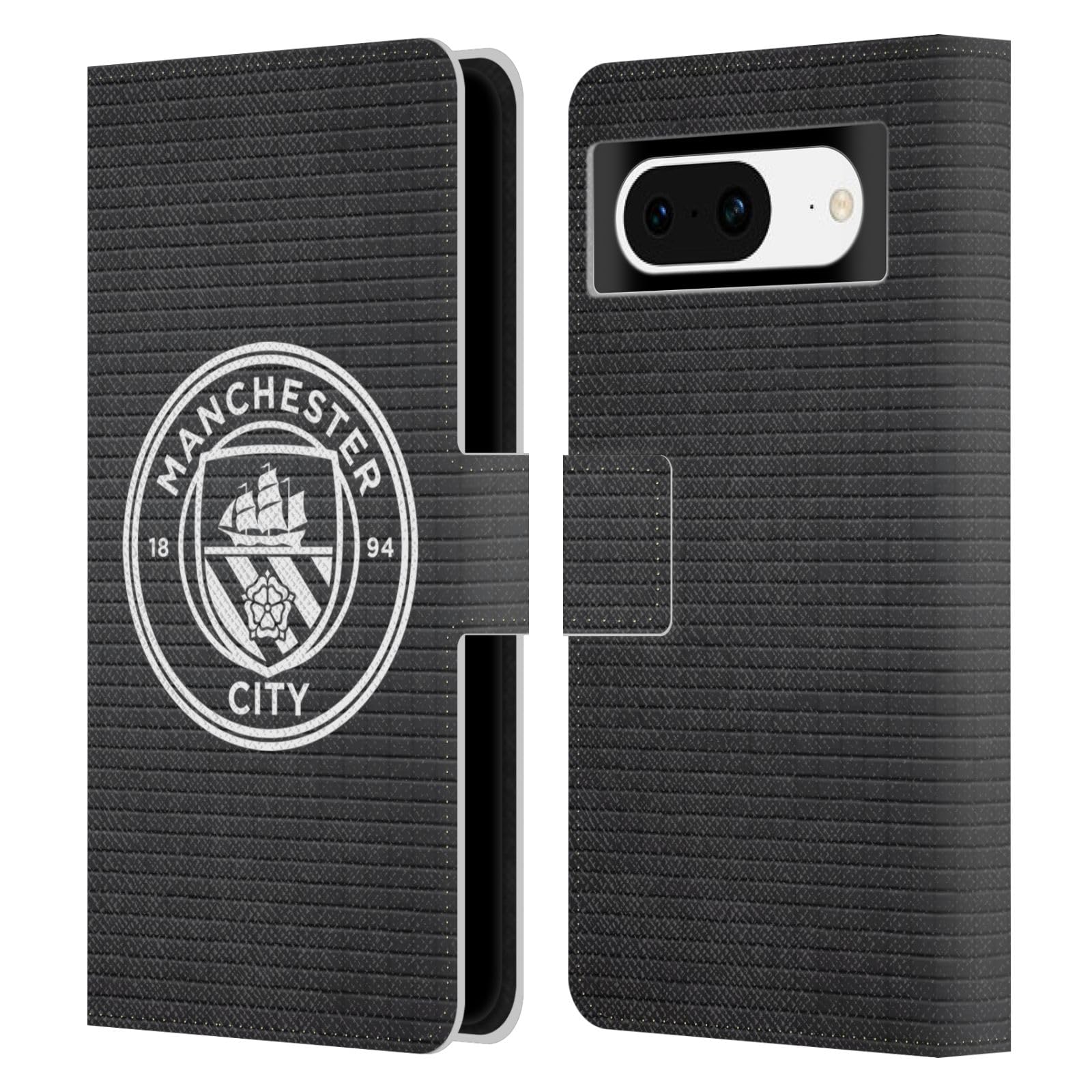 Head Case Designs Officially Licensed Manchester City Man City FC Black Tile White Mono Badge Pixels Leather Wallet Case Compatible With Google Pixel 8