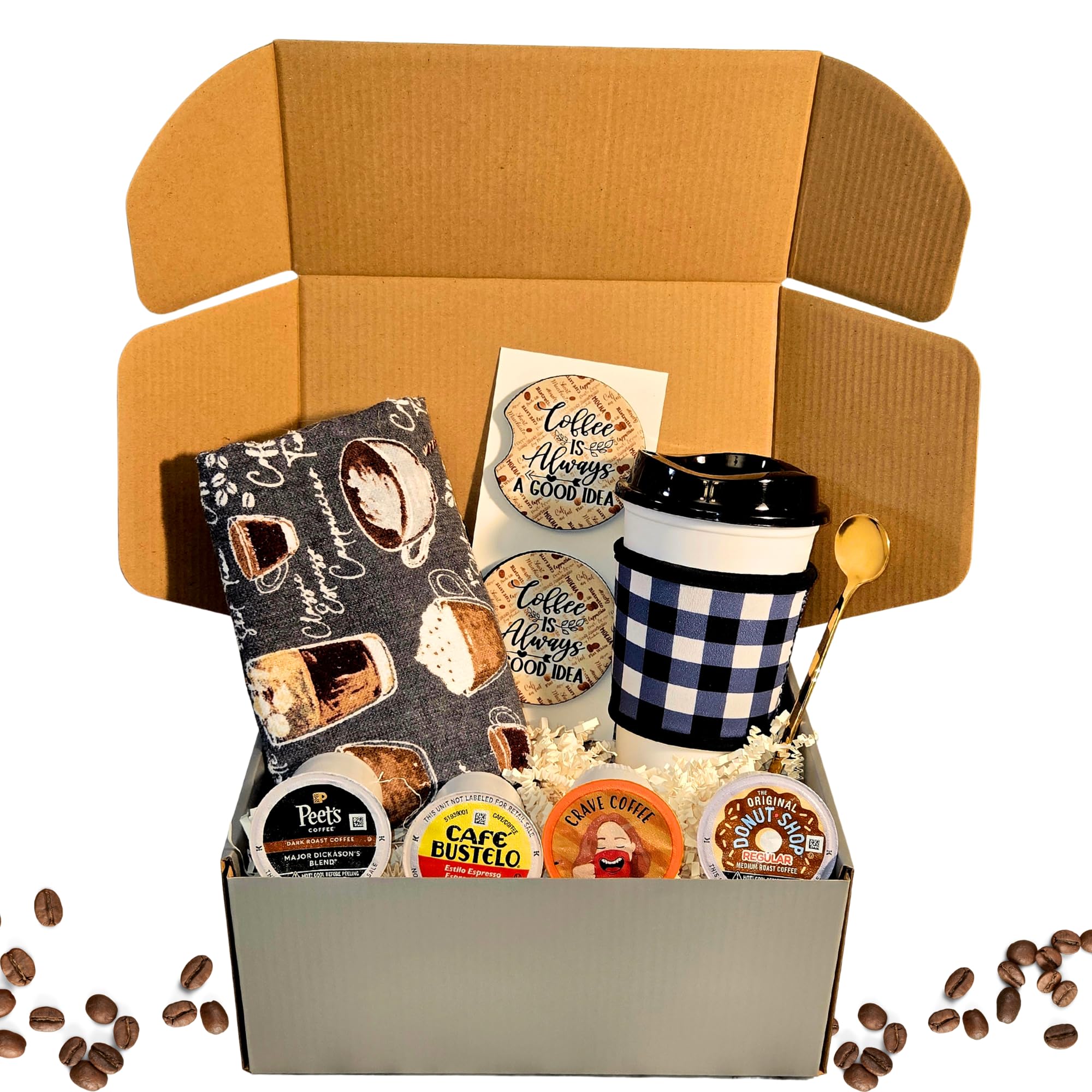 Coffee Gift Set – Travel Mug, Insulated Sleeve, K Pods, Spoon, Coasters & Towel | Coffee Lovers Gift Basket