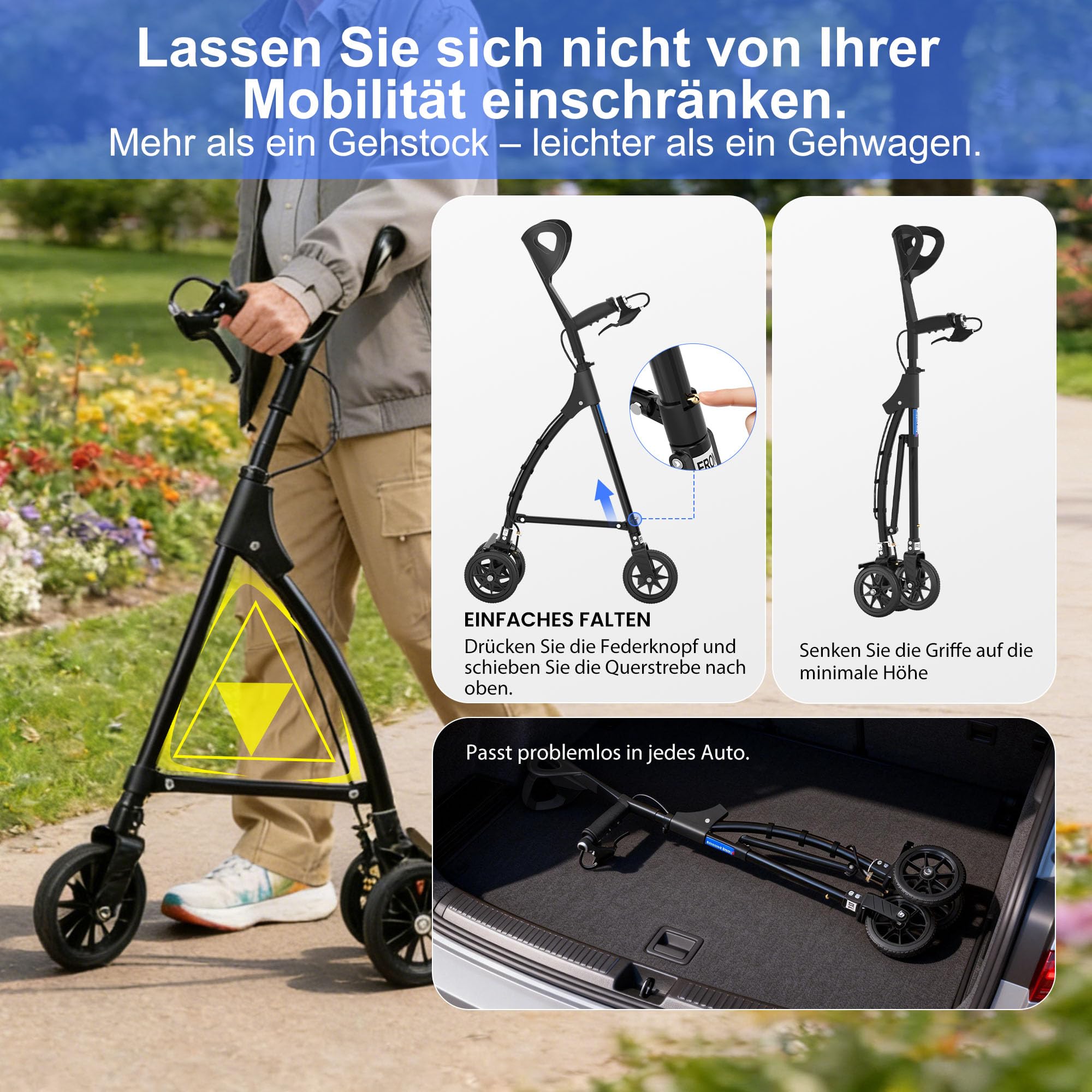 faltbarer Rollator mit 3 Rädern und Handbremsen ist leicht | Stabile Dreieckskonstruktion, höhenverstellbar, einfache Montage & Faltung, für Innen & Außen, Alu, 6-Zoll-Räder.