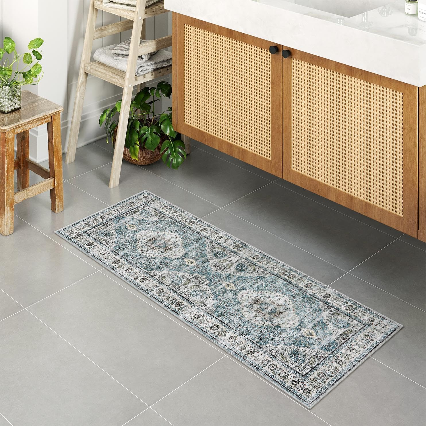 Uphome Bathroom Rugs Runner, Distressed Farmhouse Boho Blue Bath Mat, Non Slip Washable Long Bath Rugs, Vintage Traditonal Soft Velvet Bathroom Runner for Bathtub Sink Shower, 18x47 inch