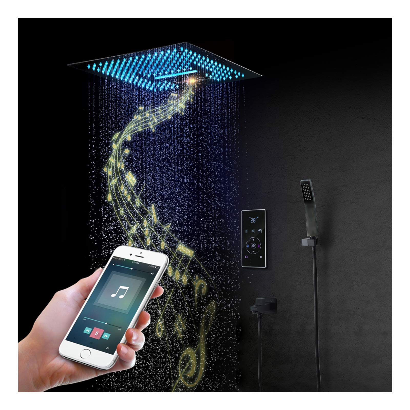 Sistema doccia musicale a 64 colori LED, set di rubinetto per doccia nero con soffione da 40,6 cm, doccetta a mano, rubinetto per vasca da bagno, valvola doccia intelligente, telecomando (controllo