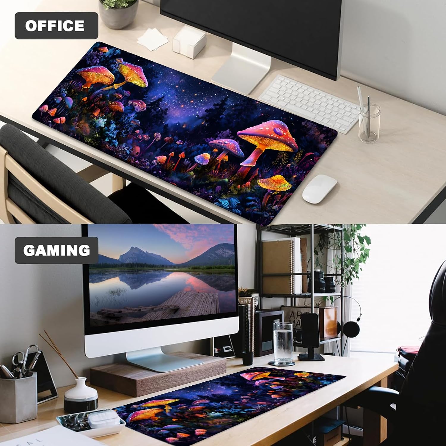 Fantasy Mushroom Forest Gaming Mouse Pad – 12x31.5in Non-Slip Rubber Desk Mat with Enchanted Night Scene – Large Extended Mousepad for Office, Home – Deskmat Gifts for Nature Lover Decor