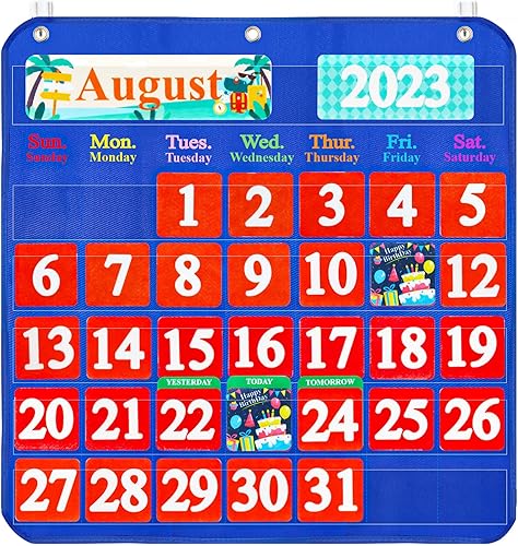 Craftstory Tabla de bolsillo azul para aulas, calendario mensual para niños con 68 tarjetas de fieltro, suministros escolares para profesores,