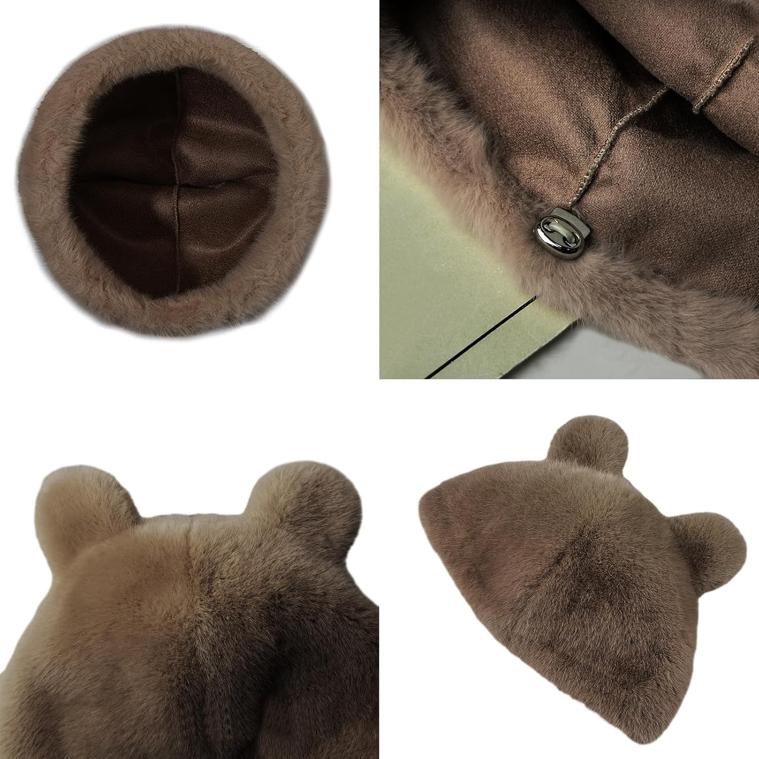Women Faux Fur Bucket Hat Cute Bear Fisherman Hat Plush Warm Fuzzy Animal Ear Beanie Cap - Image 3