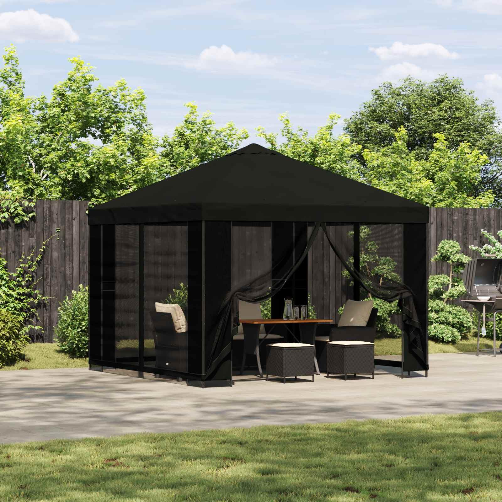 Gazebo da Giardino 3x3 m con Pareti Laterali in Rete Nero